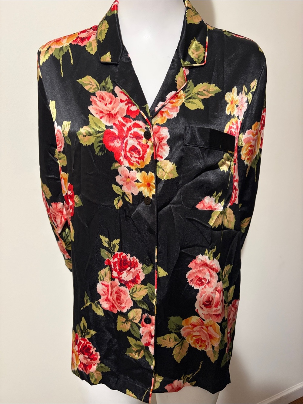 Morgan Taylor Intimates Black Satin Floral Button-Up Top Size L